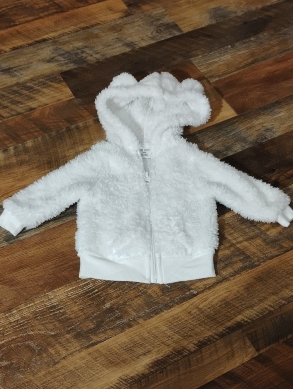 okie dokie White Plush Bear-Ear Zip Hoodie Size 3 Month